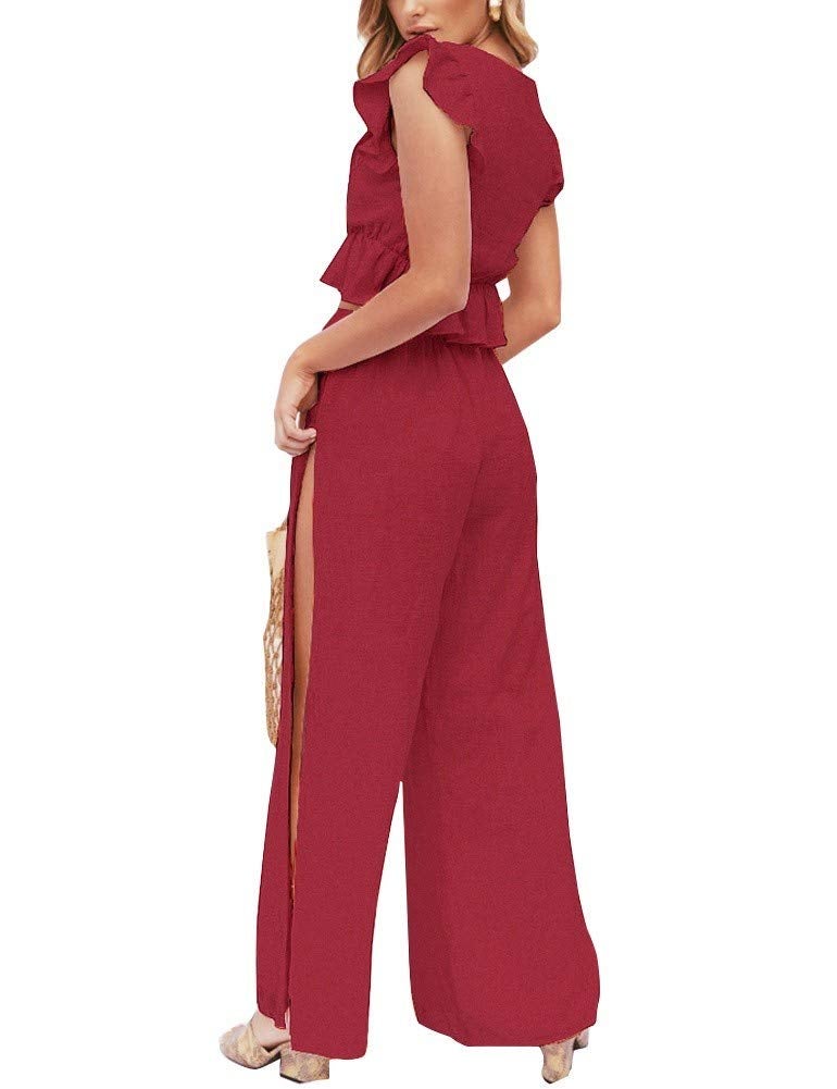FANCYINN Womens 2 Pieces Outfits Ruffle Deep V Neck Crop Top Side Slit Drawstring Wide Leg Pants Set Jumpsuits Burgundy L - Image 3